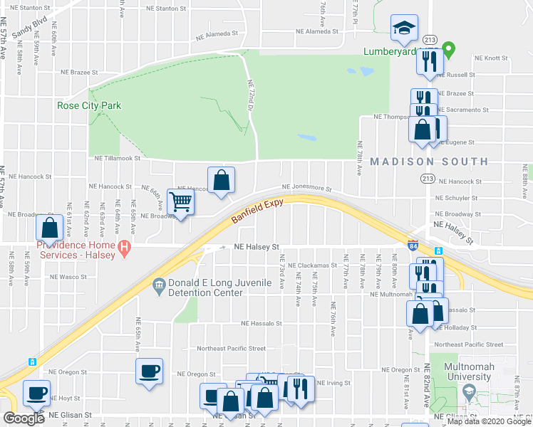 map of restaurants, bars, coffee shops, grocery stores, and more near 7228 Northeast Broadway in Portland