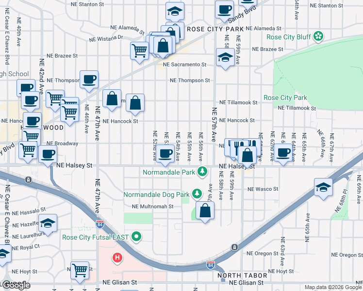 map of restaurants, bars, coffee shops, grocery stores, and more near 1725 Northeast 55th Avenue in Portland