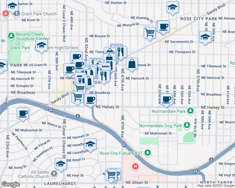 map of restaurants, bars, coffee shops, grocery stores, and more near 1727 Northeast 46th Avenue in Portland