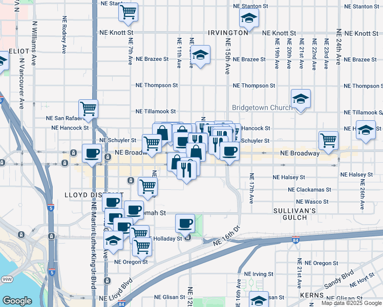 map of restaurants, bars, coffee shops, grocery stores, and more near 1205 Northeast Broadway in Portland