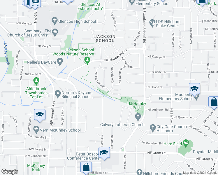 map of restaurants, bars, coffee shops, grocery stores, and more near 1304 Northeast Parkside Drive in Hillsboro