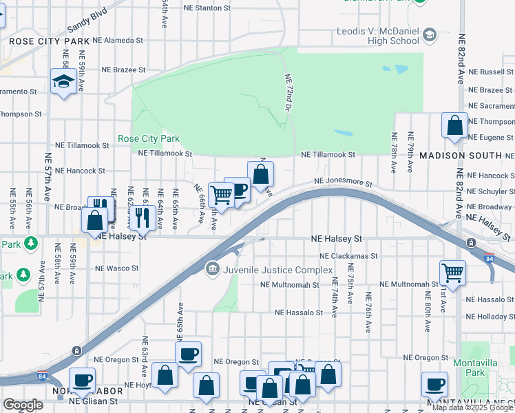 map of restaurants, bars, coffee shops, grocery stores, and more near 6921 Northeast Broadway in Portland