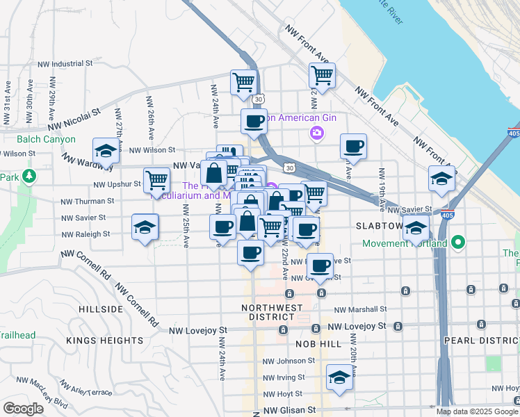 map of restaurants, bars, coffee shops, grocery stores, and more near 2275 Northwest Savier Street in Portland