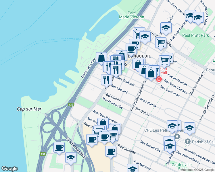 map of restaurants, bars, coffee shops, grocery stores, and more near 460 Rue Saint-Charles Ouest in Longueuil