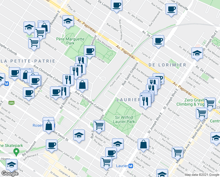 map of restaurants, bars, coffee shops, grocery stores, and more near 1274 Rue Pauline-Julien in Montréal