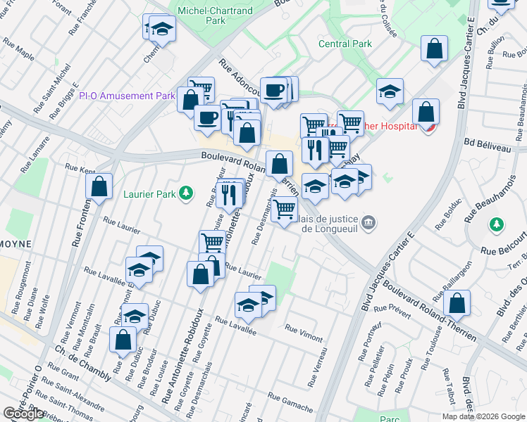 map of restaurants, bars, coffee shops, grocery stores, and more near 679 Rue Desmarchais in Longueuil