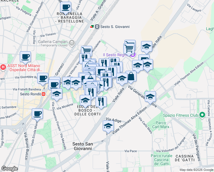 map of restaurants, bars, coffee shops, grocery stores, and more near 125 Via Puricelli Guerra in Sesto San Giovanni
