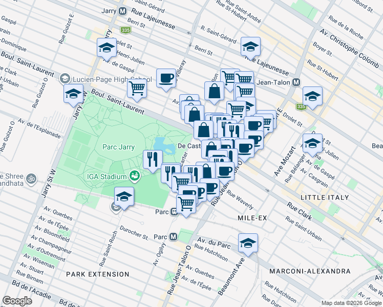 map of restaurants, bars, coffee shops, grocery stores, and more near 88 Rue Gary-Carter in Montréal