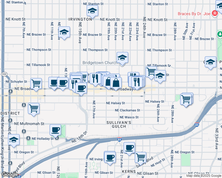 map of restaurants, bars, coffee shops, grocery stores, and more near 1937 Northeast Broadway Street in Portland