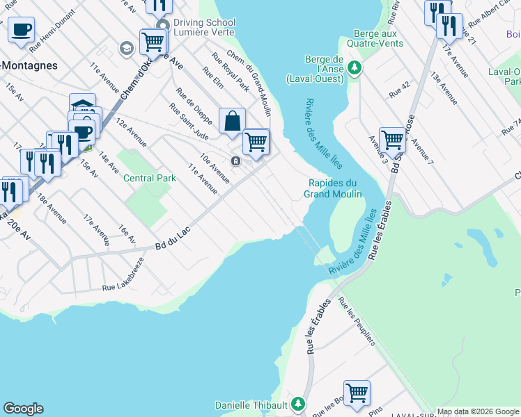 map of restaurants, bars, coffee shops, grocery stores, and more near 21 10e Avenue in Deux-Montagnes