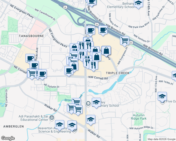 map of restaurants, bars, coffee shops, grocery stores, and more near 2145 Northwest Town Center Drive in Hillsboro