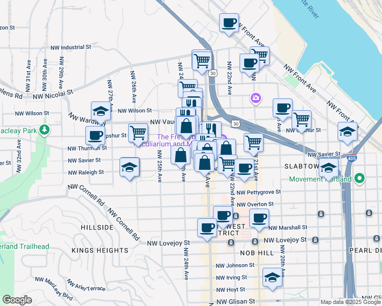 map of restaurants, bars, coffee shops, grocery stores, and more near 2375 Northwest Savier Street in Portland