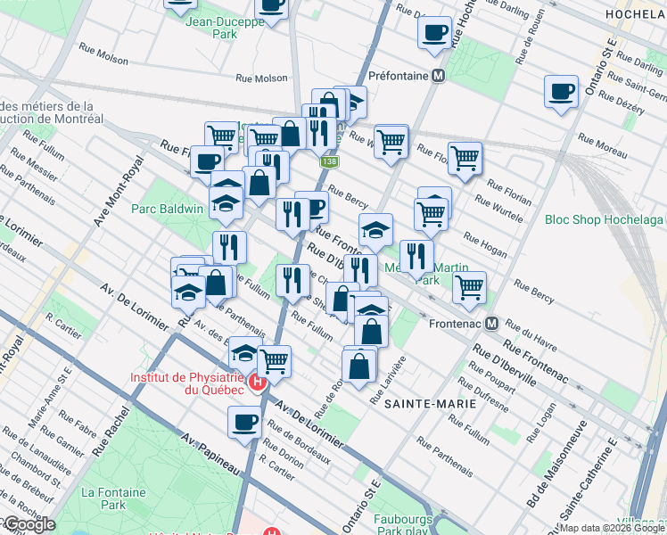 map of restaurants, bars, coffee shops, grocery stores, and more near 2530 Rue D'Iberville in Montréal