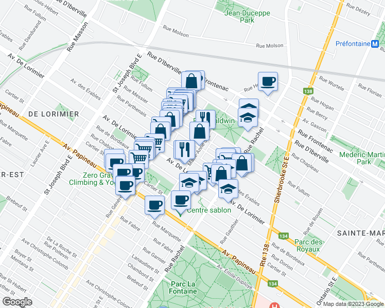 map of restaurants, bars, coffee shops, grocery stores, and more near 2171 Rue Marie-Anne in Montréal