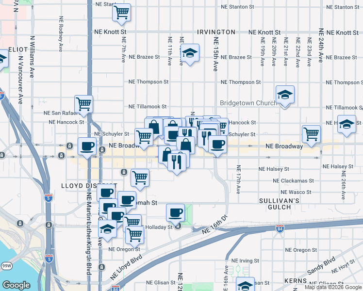map of restaurants, bars, coffee shops, grocery stores, and more near NE Broadway St & NE 12th Ave in Portland
