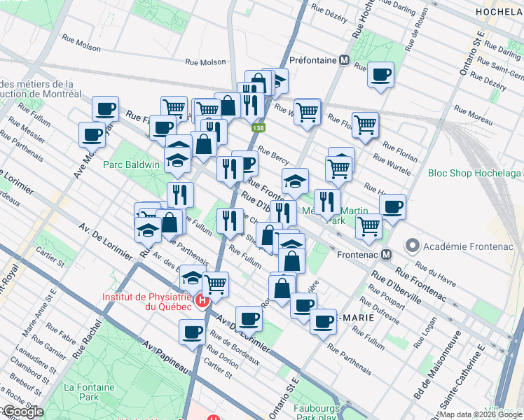 map of restaurants, bars, coffee shops, grocery stores, and more near 2530 Rue D'Iberville in Montréal