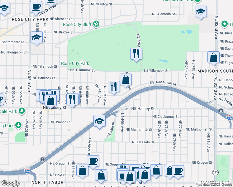 map of restaurants, bars, coffee shops, grocery stores, and more near 6815 Northeast Broadway in Portland