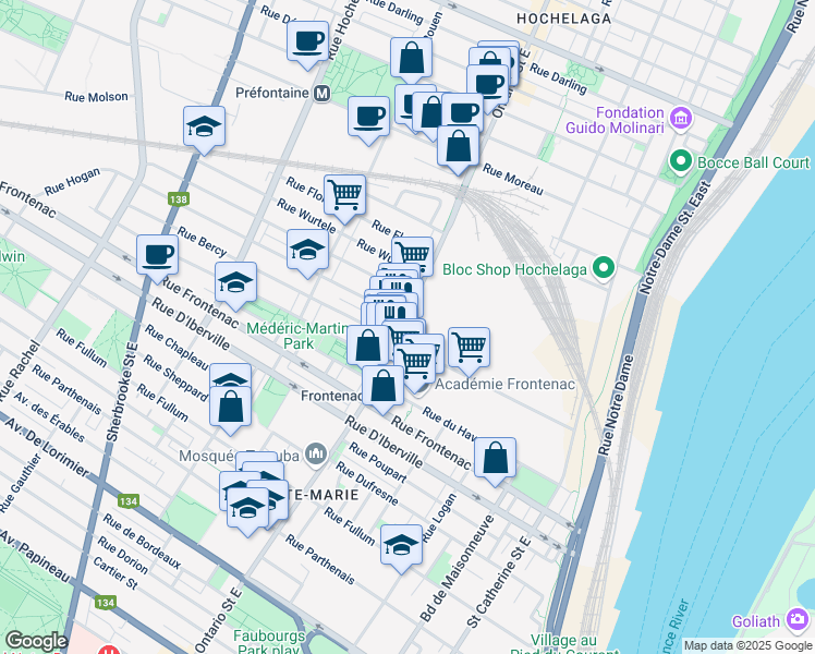 map of restaurants, bars, coffee shops, grocery stores, and more near 2750 Rue Ontario Est in Montréal