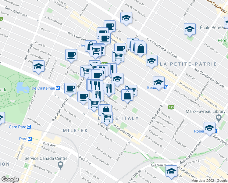 map of restaurants, bars, coffee shops, grocery stores, and more near 259 Rue Dante in Montréal