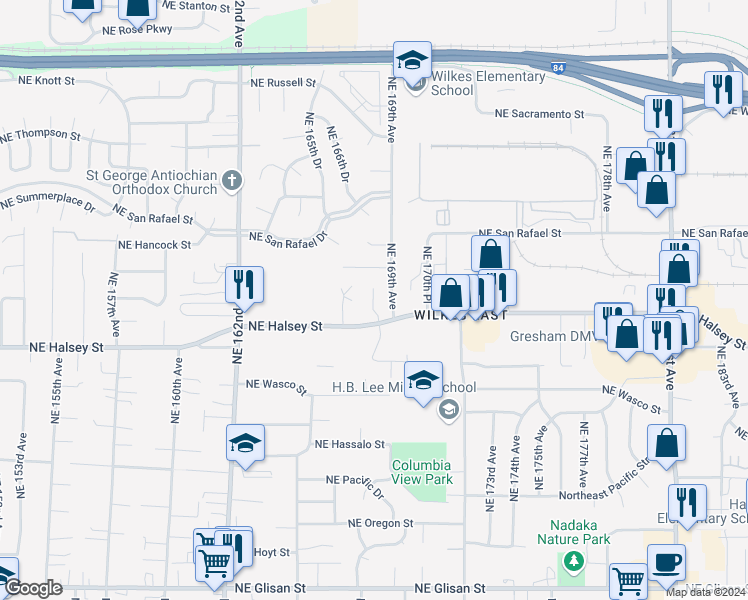 map of restaurants, bars, coffee shops, grocery stores, and more near 1715 Northeast 169th Avenue in Portland