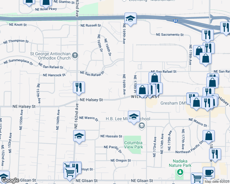 map of restaurants, bars, coffee shops, grocery stores, and more near 1715 Northeast 169th Avenue in Portland