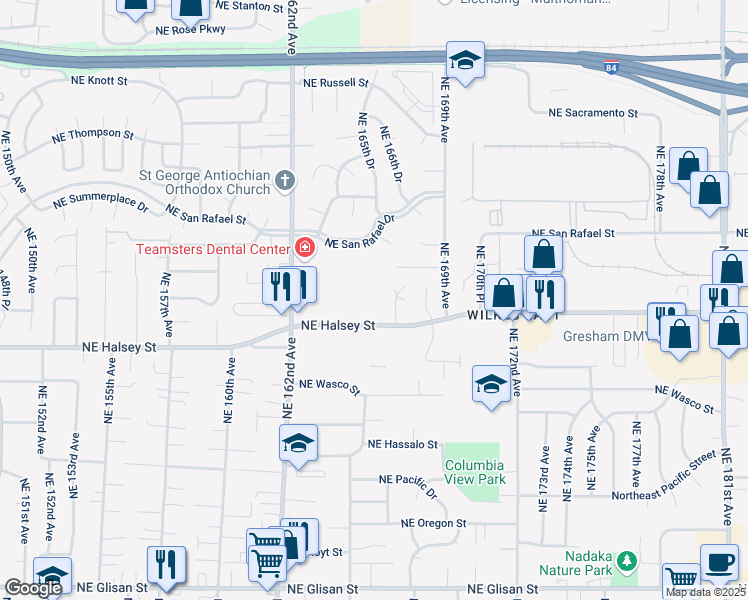 map of restaurants, bars, coffee shops, grocery stores, and more near 16411 Wi/ NE Halsey Street in Portland