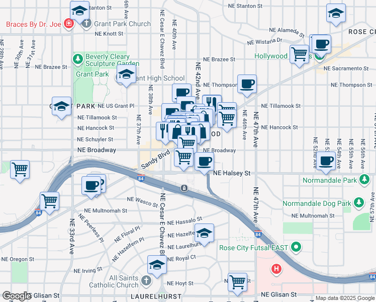 map of restaurants, bars, coffee shops, grocery stores, and more near in Portland