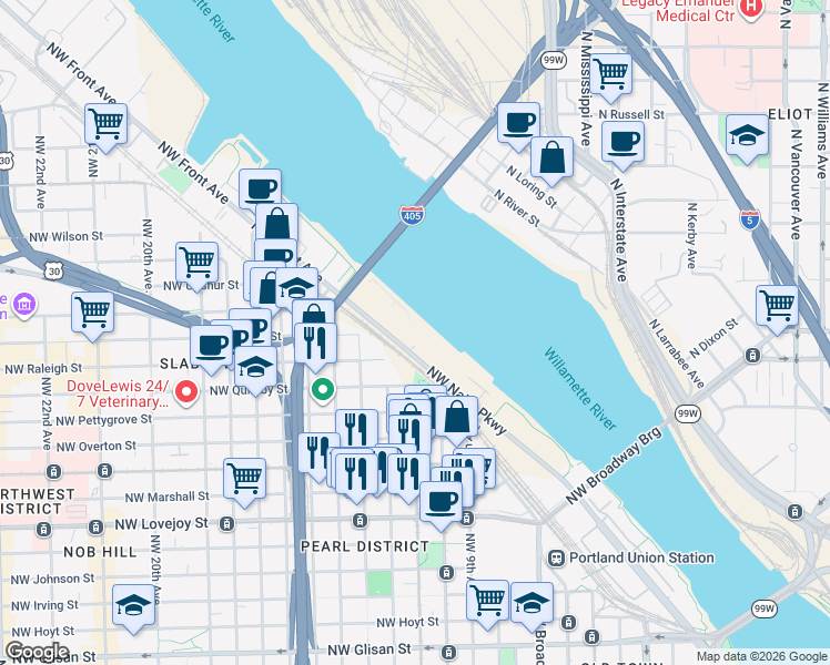map of restaurants, bars, coffee shops, grocery stores, and more near 1650 Northwest Naito Parkway in Portland