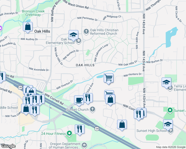 map of restaurants, bars, coffee shops, grocery stores, and more near 2130 Northwest 153rd Place in Beaverton