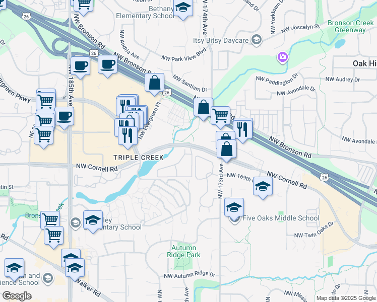 map of restaurants, bars, coffee shops, grocery stores, and more near in Beaverton