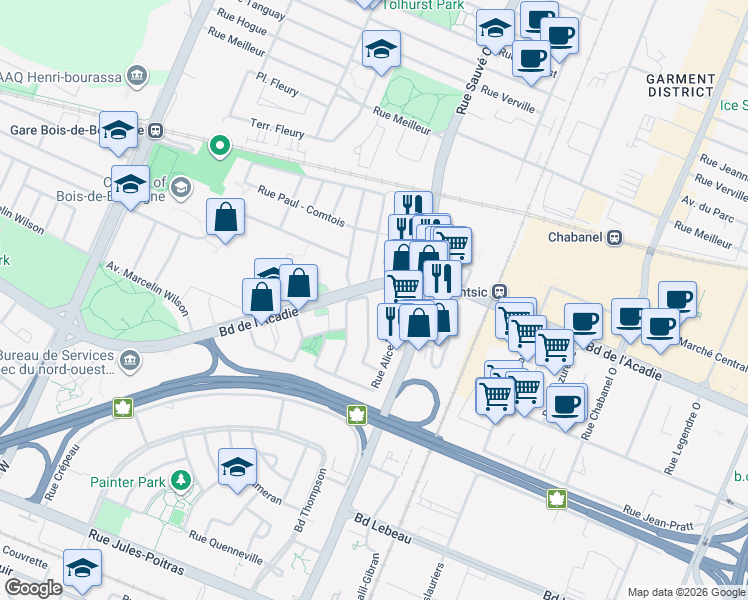 map of restaurants, bars, coffee shops, grocery stores, and more near 1852 Rue Maurice Lebel in Montréal
