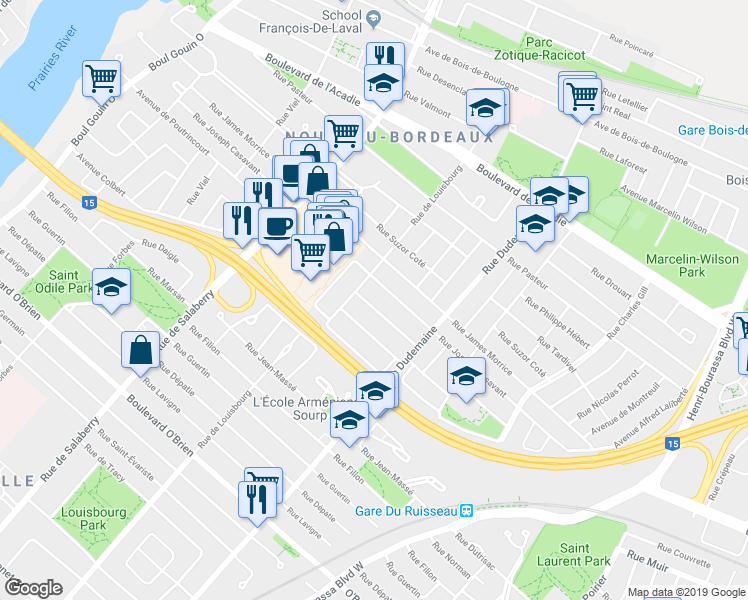 map of restaurants, bars, coffee shops, grocery stores, and more near 11819 Avenue de Poutrincourt in Montréal
