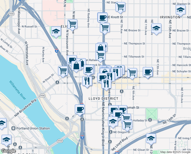 map of restaurants, bars, coffee shops, grocery stores, and more near 253 Northeast Broadway Street in Portland