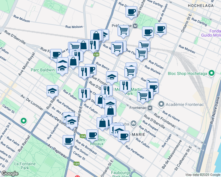 map of restaurants, bars, coffee shops, grocery stores, and more near 2394 Rue Frontenac in Montréal