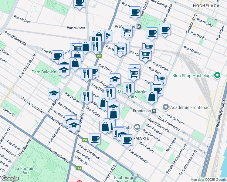 map of restaurants, bars, coffee shops, grocery stores, and more near 2390 Rue Frontenac in Montréal