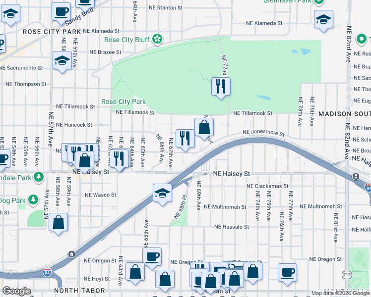 map of restaurants, bars, coffee shops, grocery stores, and more near 6738 Northeast Hancock Street in Portland