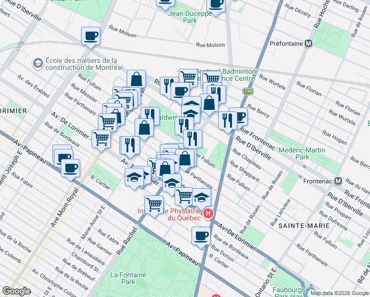 map of restaurants, bars, coffee shops, grocery stores, and more near 2299 Rue Rachel Est in Montréal