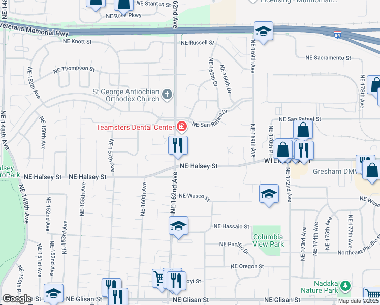 map of restaurants, bars, coffee shops, grocery stores, and more near 1700 Northeast 162nd Avenue in Portland