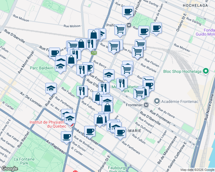 map of restaurants, bars, coffee shops, grocery stores, and more near 2392 Rue Frontenac in Montréal