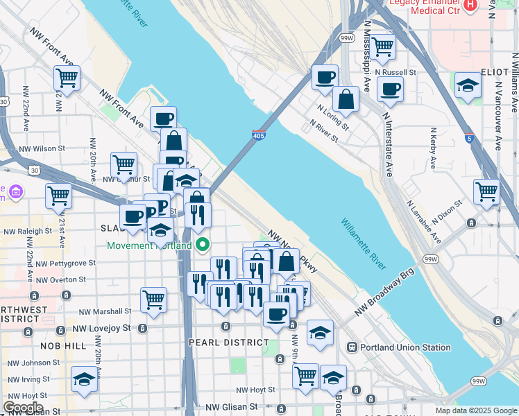 map of restaurants, bars, coffee shops, grocery stores, and more near 1550 Northwest Naito Parkway in Portland