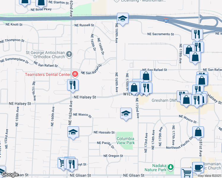 map of restaurants, bars, coffee shops, grocery stores, and more near 1715 Northeast 169th Avenue in Portland