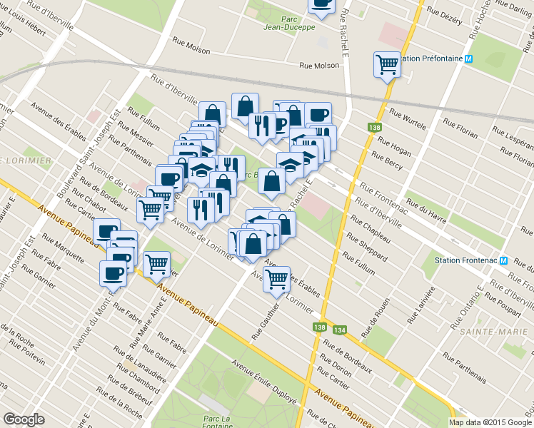 map of restaurants, bars, coffee shops, grocery stores, and more near 4221 Rue Messier in Montréal