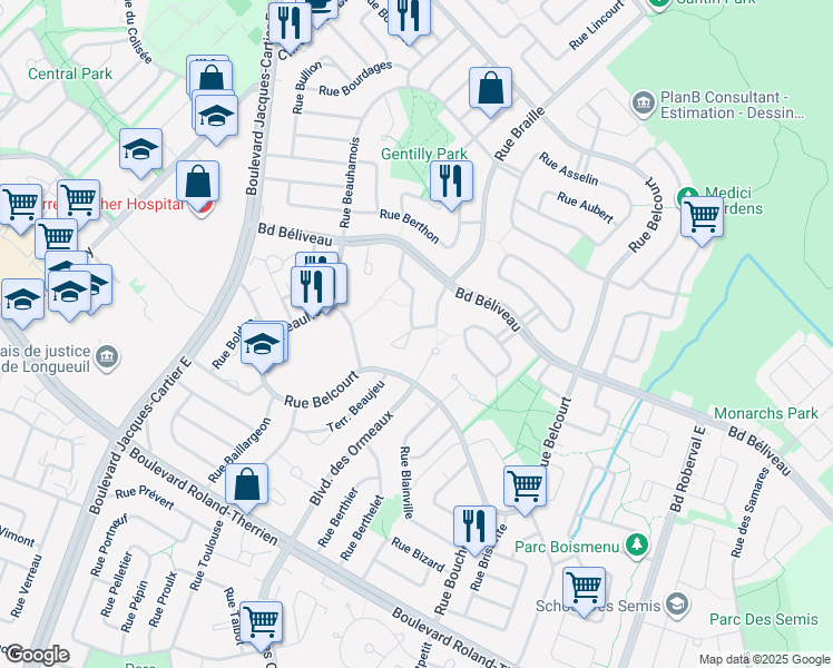 map of restaurants, bars, coffee shops, grocery stores, and more near 1281 Rue Bourgeoys in Longueuil