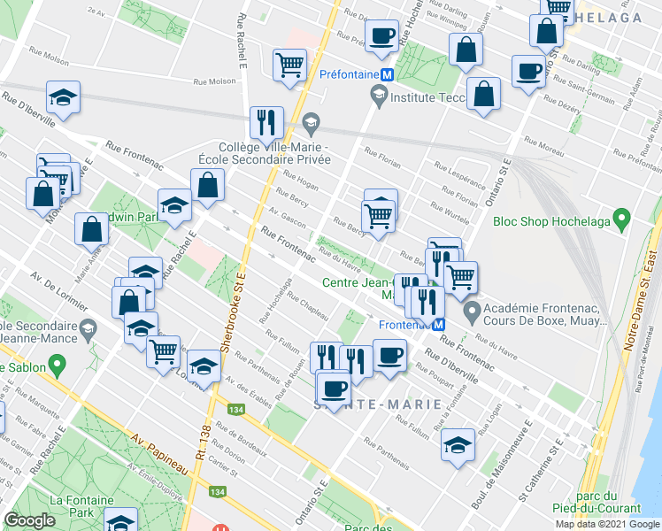 map of restaurants, bars, coffee shops, grocery stores, and more near 2359 Rue Frontenac in Montréal
