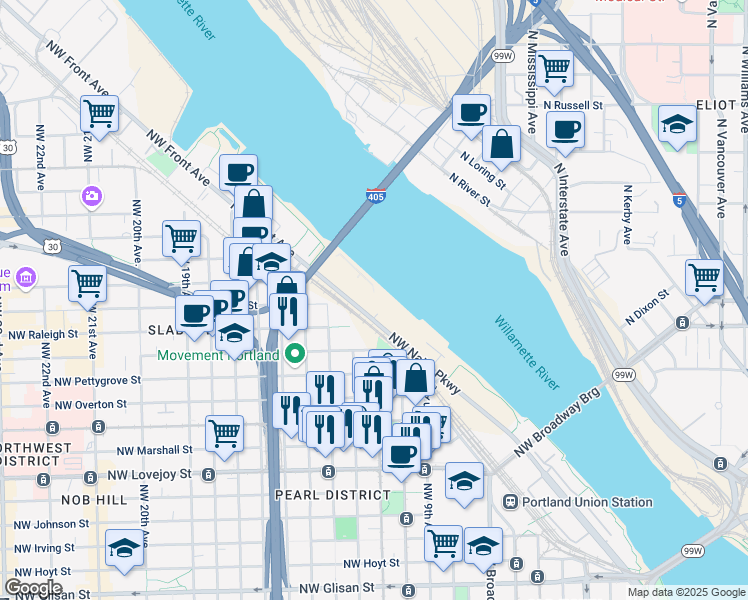 map of restaurants, bars, coffee shops, grocery stores, and more near 1650 Northwest Naito Parkway in Portland