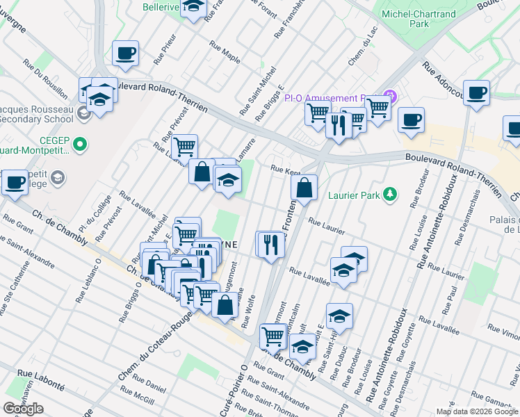 map of restaurants, bars, coffee shops, grocery stores, and more near 465 Rue Diane in Longueuil