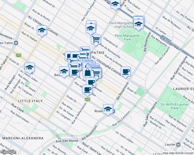 map of restaurants, bars, coffee shops, grocery stores, and more near in Montreal
