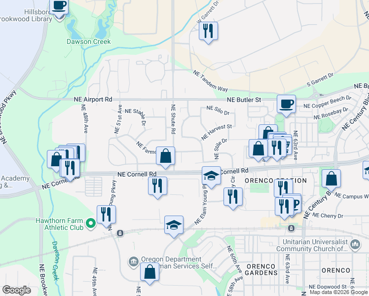 map of restaurants, bars, coffee shops, grocery stores, and more near 5617 Northeast Farmcrest Street in Hillsboro