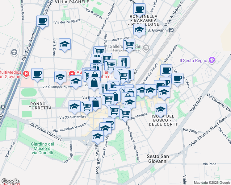 map of restaurants, bars, coffee shops, grocery stores, and more near 17 Viale Fratelli Casiraghi in Sesto San Giovanni