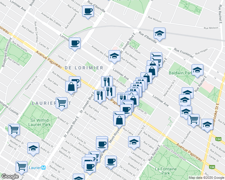 map of restaurants, bars, coffee shops, grocery stores, and more near 4737 Rue Cartier in Montréal